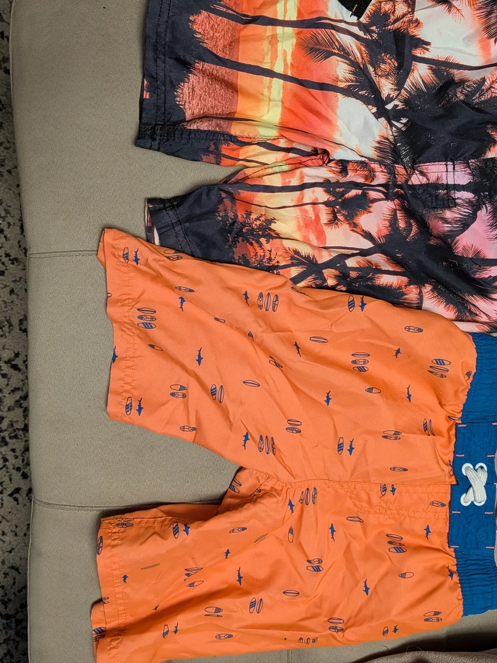 Set Of 2 Kids Swim Trunks - Orange & Black Sunset and Bright Orange Surf